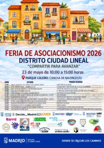Cartel de la Feria de Asociacionismo 2026 del Distrito Ciudad Lineal, bajo el lema Compartir para avanzar, celebrada el 23 de mayo de 10:00 a 15:00 horas en el Parque El Calero, con el programa completo de presentaciones de las entidades participantes