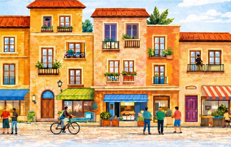 Ilustración de un barrio con vecinos y comercios locales, imagen representativa de la Feria de Asociacionismo de Ciudad Lineal