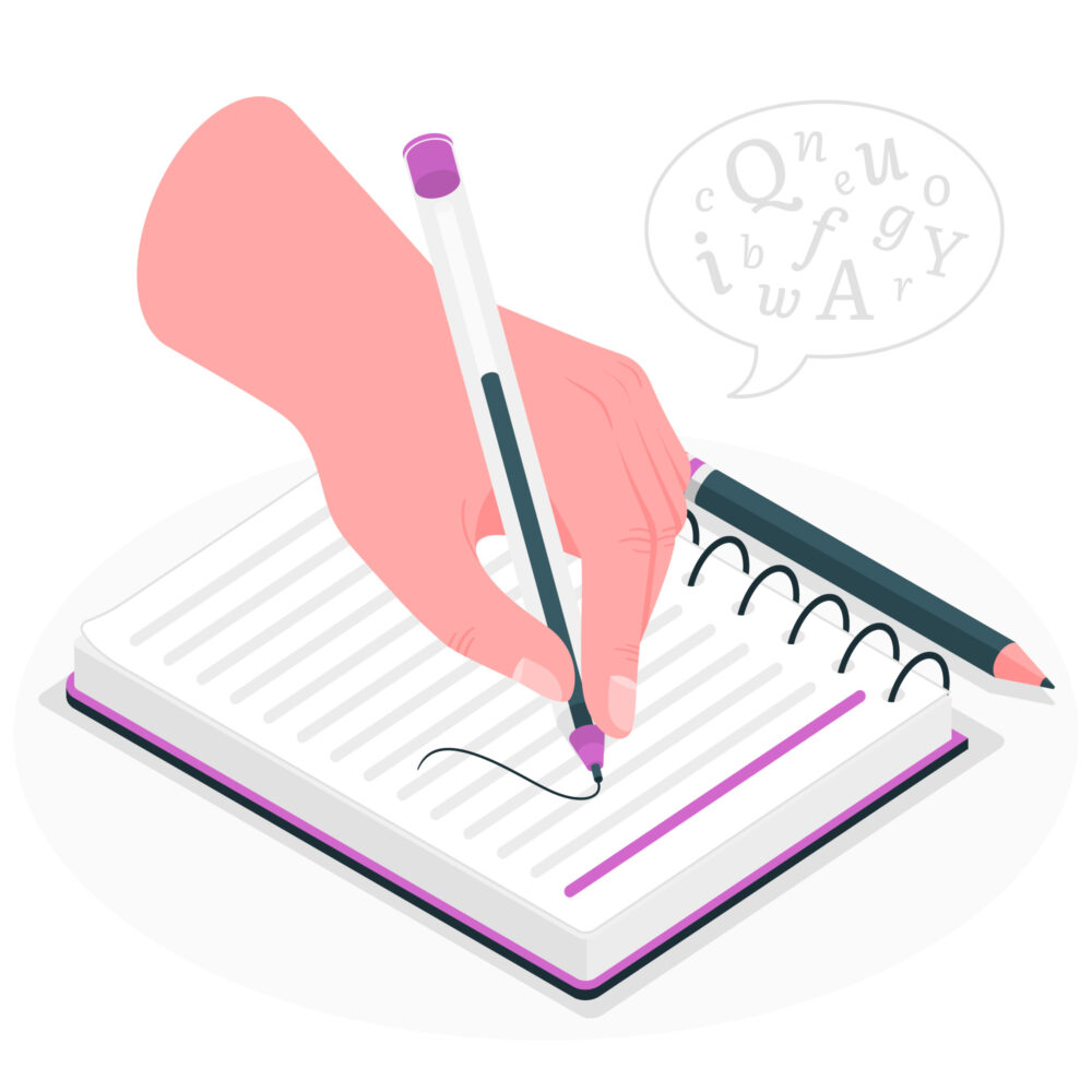 Ilustración de una mano escribiendo a boli en un cuaderno, con un lápiz al lado