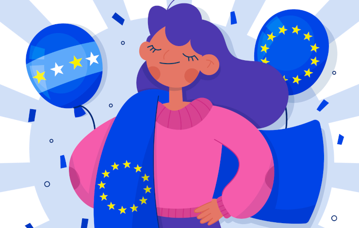 Ilustración vectorizada con una chica con bufanda y globos con la bandera de Europa