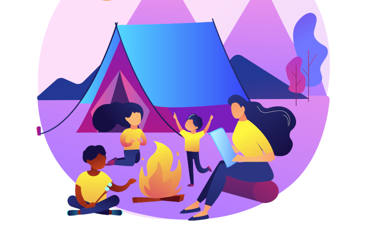 Ilustración campamento de verano de niños en la naturaleza con acampada