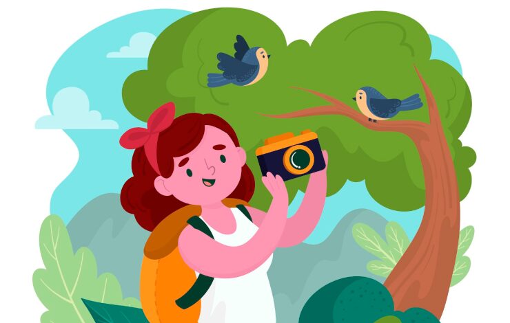 Ilustración vectorizada de una chica de paseo por la naturaleza haciendo fotos a aves