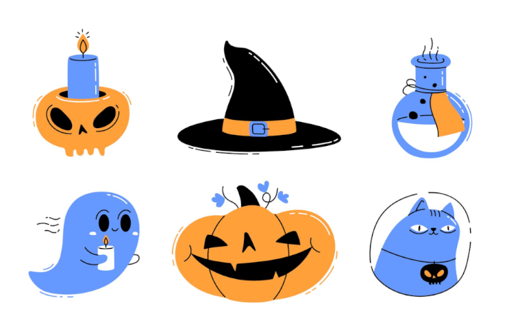 Ilustración vectorizada con motivos de Halloween: vela, sombrero de bruja, fantasma o una calabaza