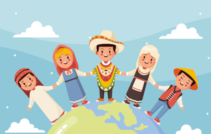 Ilustración de niños de diferentes países del mundo con trajes de folclore dándose la mano subidos a una globo terráqueo