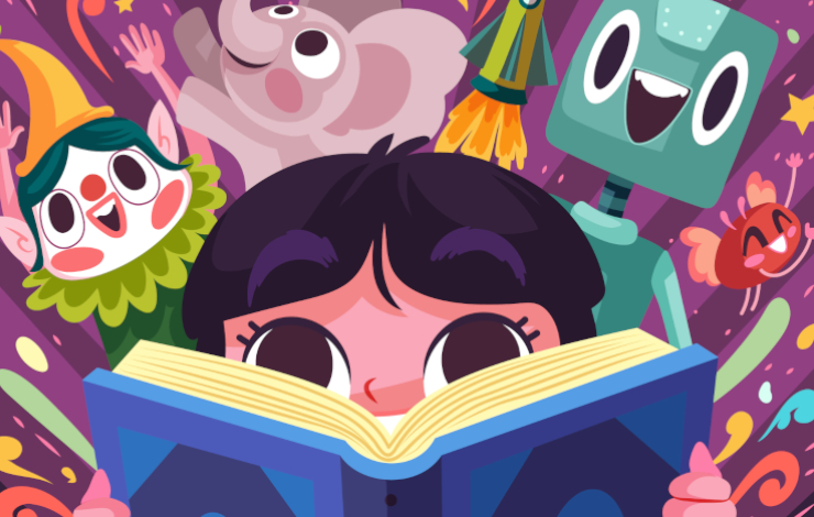 Ilustración vectorizada de una niña leyendo e imaginando múltiples personajes como un payaso, un elefante, un cohete y un robot