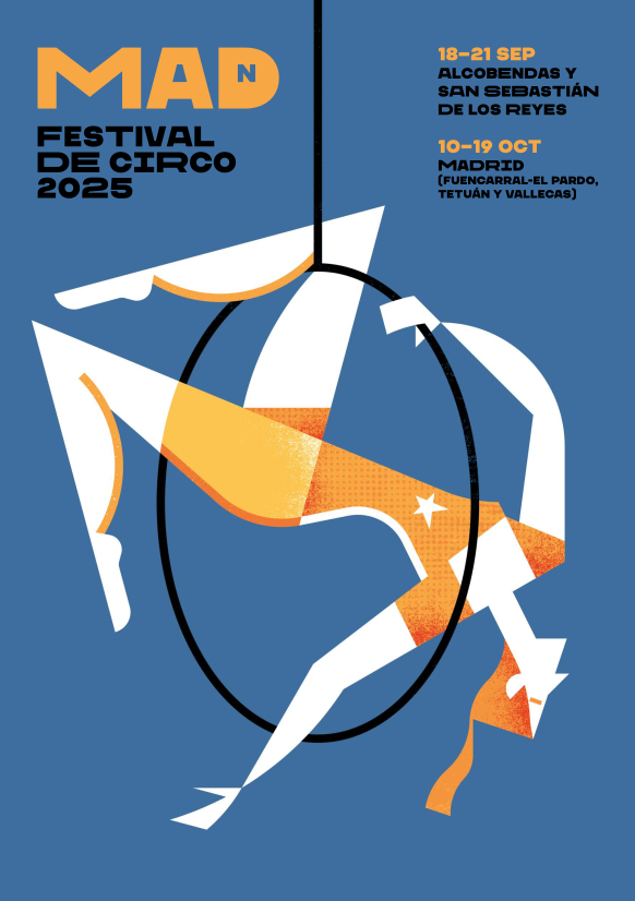 Cartel del Festival de Circo MADN 2025 donde aparece la información del evento y una ilustración de un acróbata trapecista en un aro boca abajo