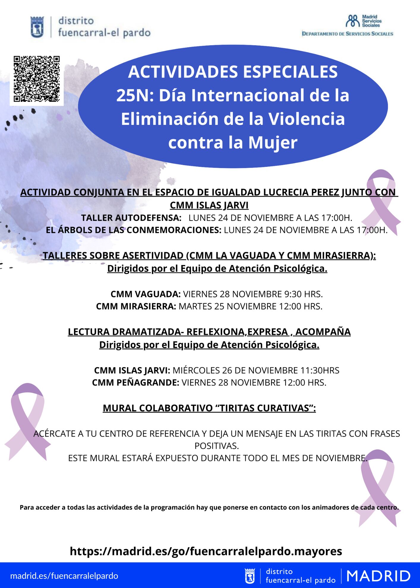 Programación de los CMM de Fuencarral-El Pardo por el 25N donde aparece la información de las actividades y algunos lazos morados