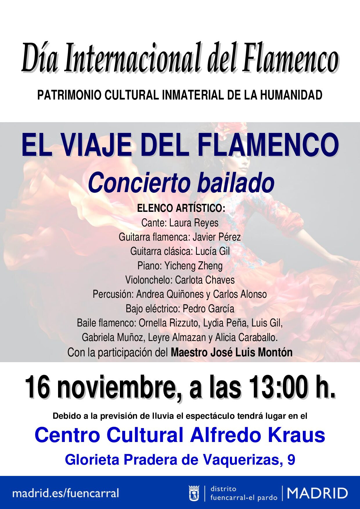 Cartel del homenaje al flamenco en Fuencarral-El Pardo donde aparece la información del evento y una imagen de una flamenca de fondo en degradado