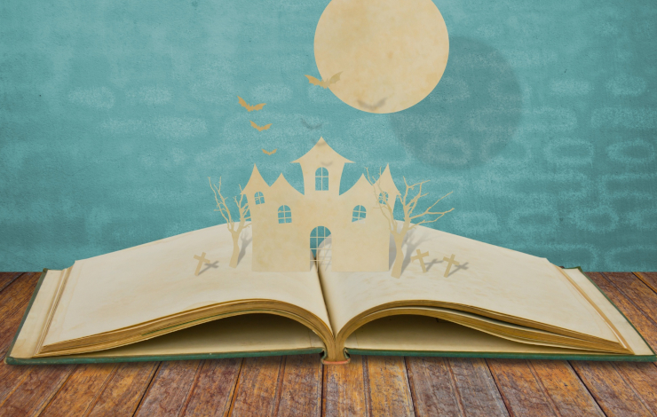 Ilustración vectorizada de un cuento abierto donde aparece un castillo de papel, con murciélagos volando y una luna