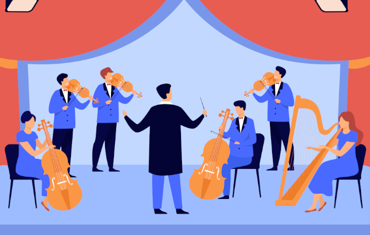 Ilustración vectorizada donde aparece una orquesta musical sobre un escenario