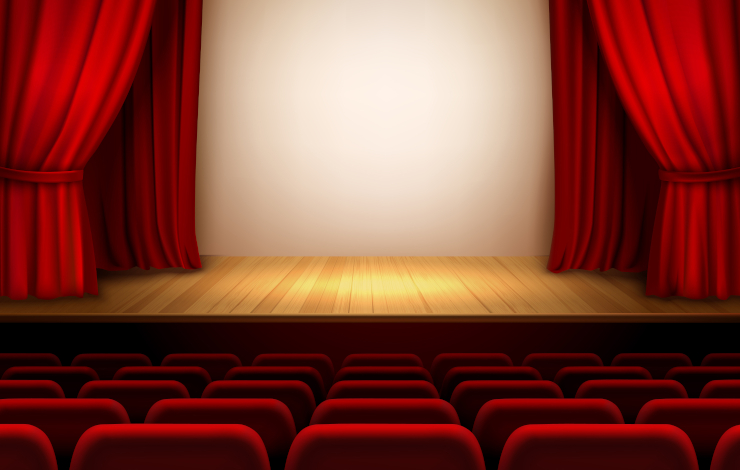 Ilustración vectorizada de un escenario de teatro con telón y butacas rojas