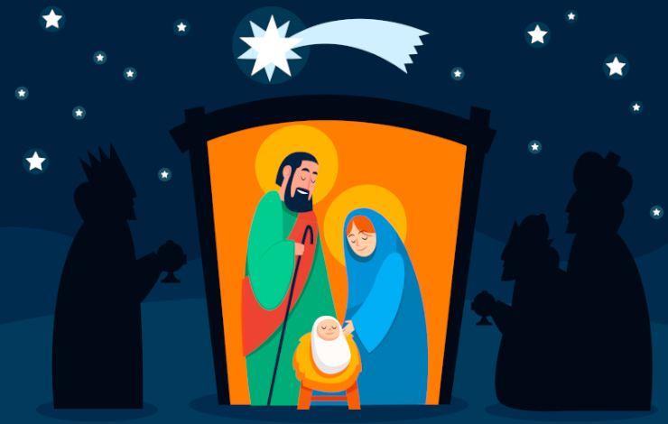 Ilustración vectorizada de los Reyes Magos en sombra llegando al belén, con Jesús, María y José