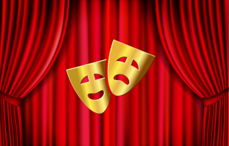 Ilustración vectorizada de un telón rojo de teatro y dos máscaras