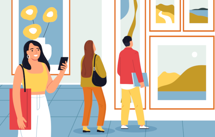 Ilustración vectorizada de visitantes a una exposición donde aparecen una chica y un chico de espaldas, mirando a las obras, y una chica en primer plano con un teléfono móvil
