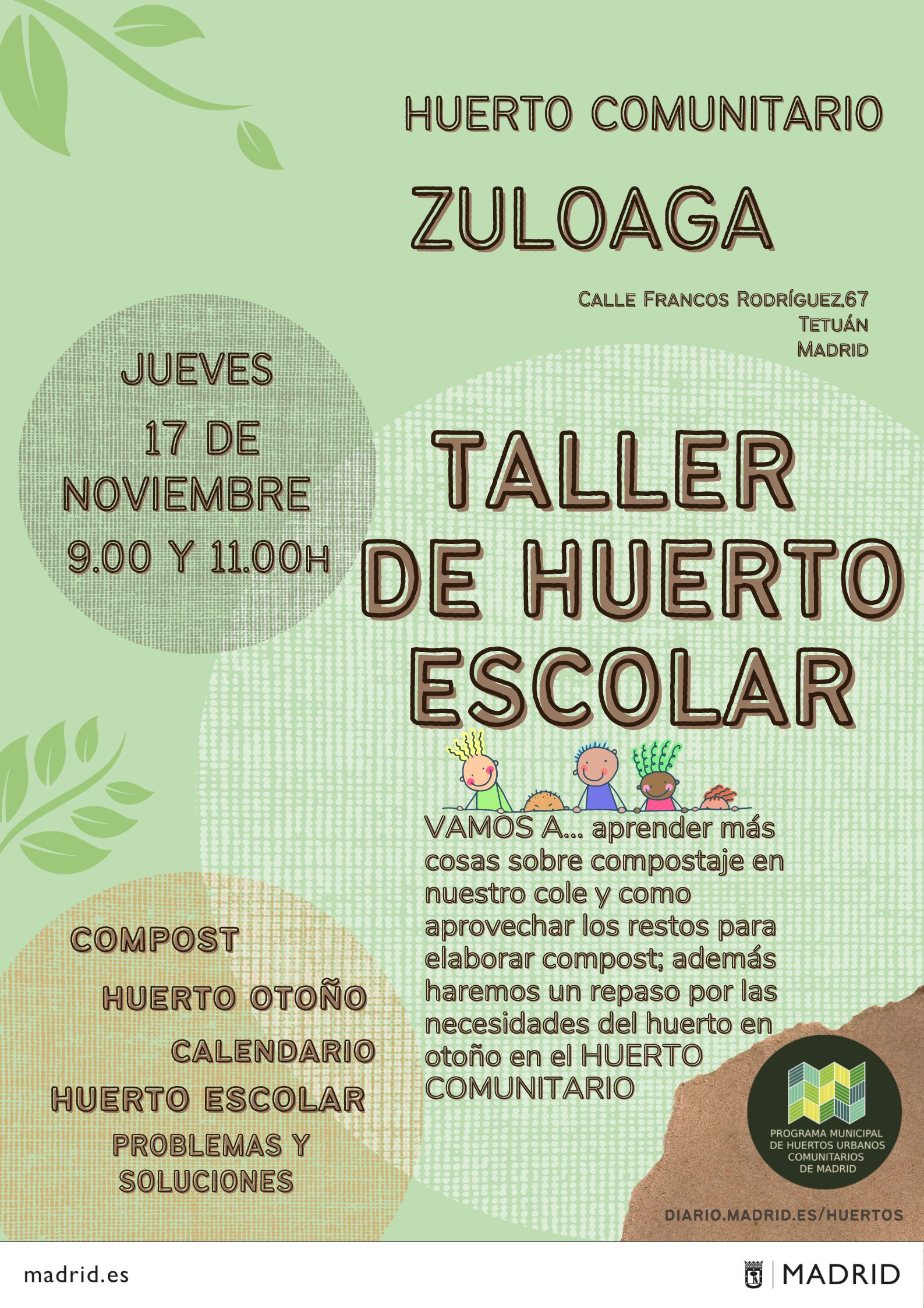 Taller Huerto Escolar en el Huerto Zuloaga, Huertos Urbanos de Madrid.