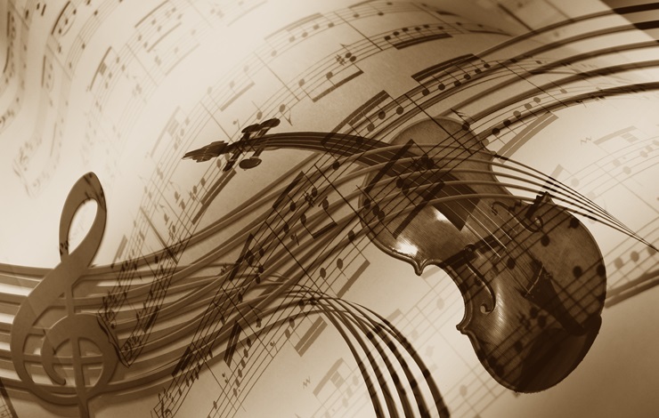 Ilustación con una partitura de fondo, un violín y un pentagrama