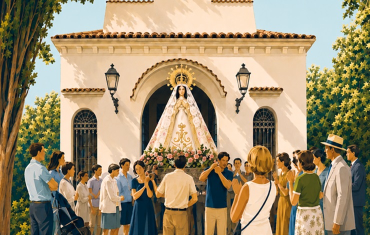 Ilustración simulando la procesión de la Virgen en las fiestas de Aravaca