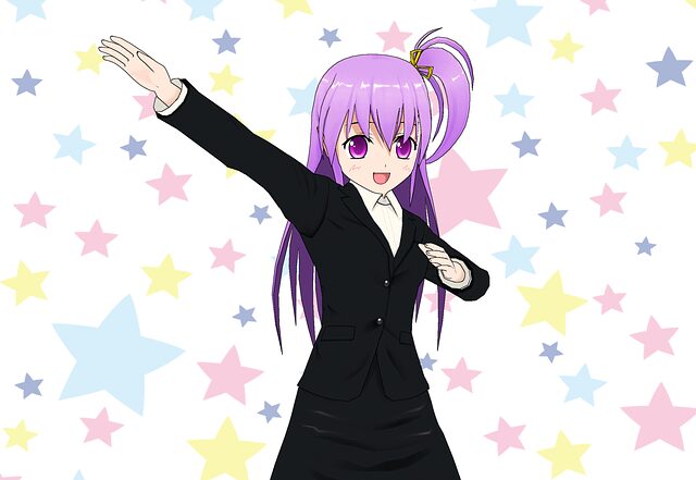 Niña en cómic manga con el pelo morado y la mano levantada con un fondo de estrellas de colores