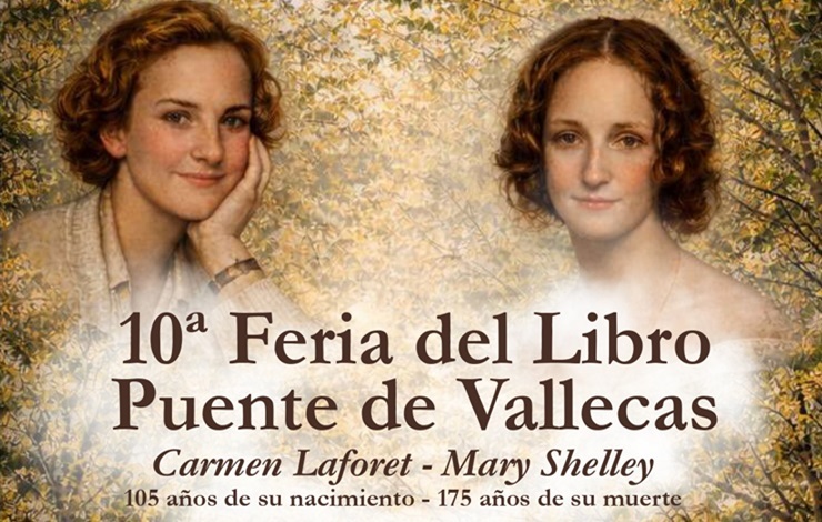 Ilustración de la 10ª Feria del Libro de Puente de Vallecas, con los rostros de Carmen Laforet y Mary Shelley, autoras homenajeadas en esta edición