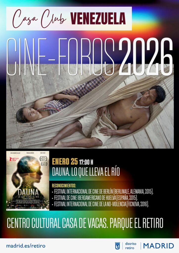 Cartel del ciclo Cine-Foros 2026, con un hombre y una mujer tendidos en tumbonas de tela y debajo el cartel de la película 'Dauna. Lo que lleva el río'