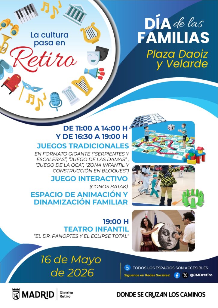 Cartel informativo programación Día de las Familias en la plaza Daoiz y Velarde