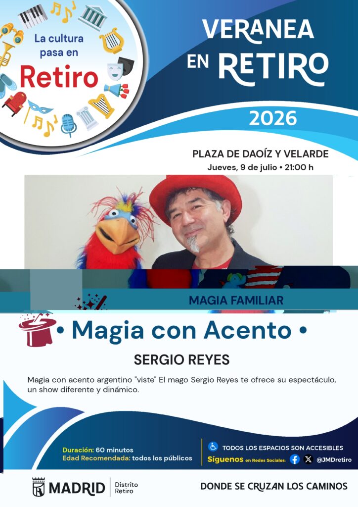 Cartel 'Magia con acento' un clown con marioneta
