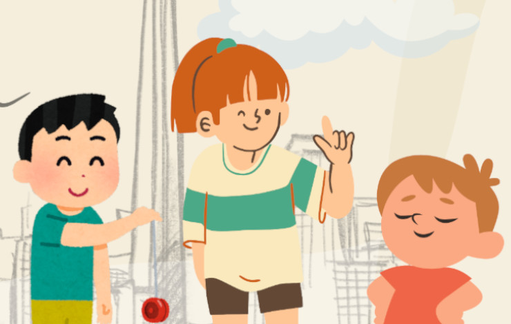 Ilustración de niños jugando en campamento urbano