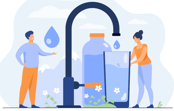 Ilustración vectorizada de un chico y una chica en una fuente y bebiendo agua