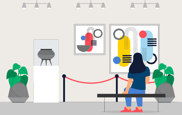 Ilustración vectorizada de una chica sentada observando una exposición de cuadros y esculturas