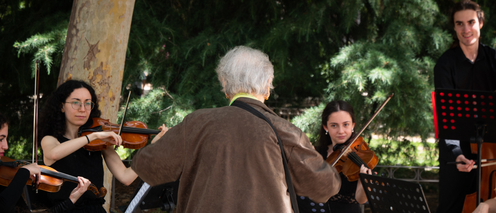 Imagen promocional de la actividad 'Tú diriges la orquesta' donde se ve a una mujer de tercera edad de espaldas frente a una orquesta