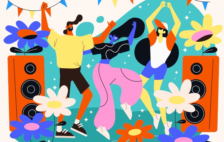 Ilustración vectorizada muy colorida de dos chicas y un chico bailando con música al aire libre
