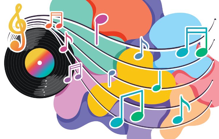 Ilustración vectorizada con un vinilo y notas musicales de colores además de grafismos multicolores y un pentagrama distorsionado