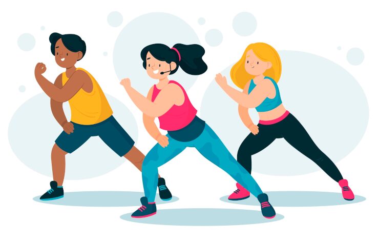 Ilustración vectorizada de una profesora de aerobic con dos alumnas