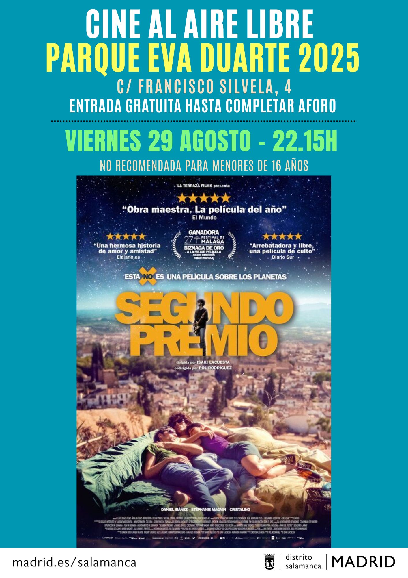 Cartel promocional de la película 'Segundo premio' donde aparece la información de la proyección