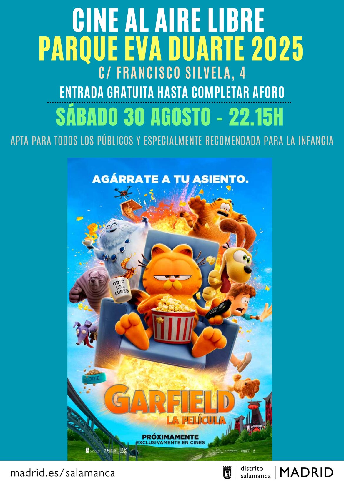 Cartel promocional de la película 'Garfield' con la información de la proyección
