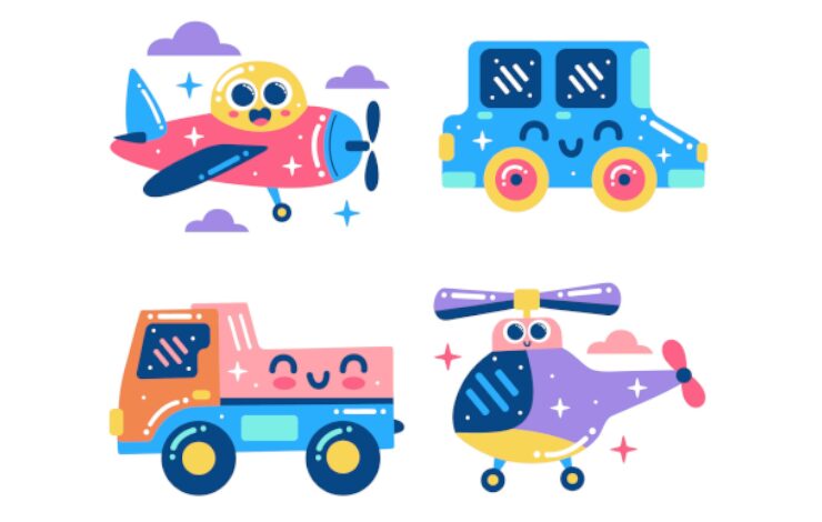 Ilustración vectorizada de diferentes medios de transporte coloridos, con ojos y boca