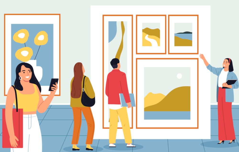 Ilustración vectorizada de una sala de exposiciones con asistentes viendo las obras de pintura y la artista explicando uno de los cuadros