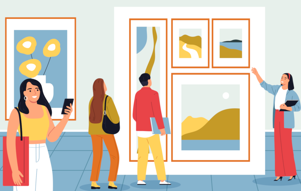 Ilustración vectorizada de una sala de exposiciones con asistentes viendo las obras de pintura y la artista explicando uno de los cuadros