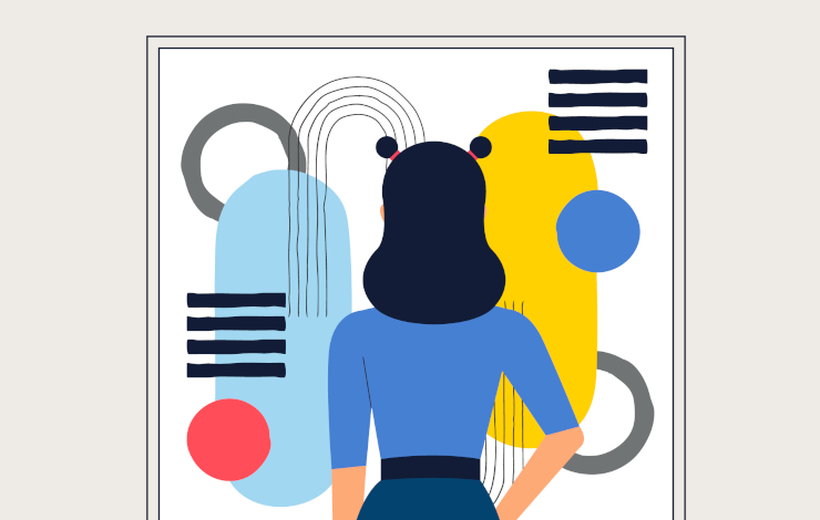 Ilustración vectorizada de una chica frente a un cuadro en una exposición