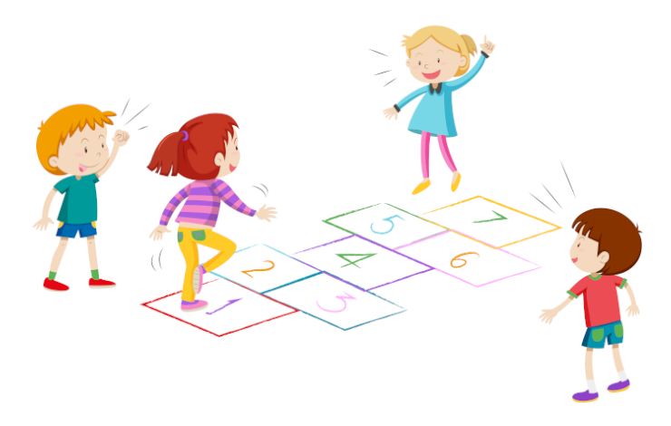 Ilustración vectorizada de niños jugando a la rayuela con números y líneas de colores pintados en el suelo