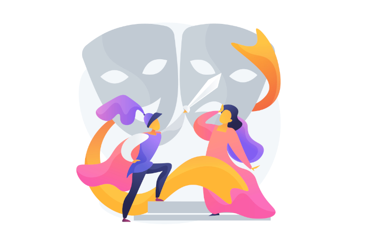 Ilustración vectorizada de dos actores de teatro disfrazados de guerrero medieval y dama, con vestimentas de colores, ambientados con máscaras de teatro de fondo en tono gris