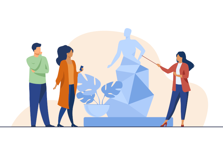 Ilustración vectorizada de una chica y un chico viendo una escultura mientras una guía la señala y explica la exposición