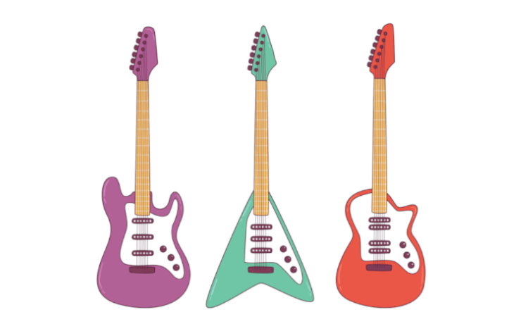 Ilustración vectorizada de guitarras eléctricas donde se ven tres instrumentos de diferentes formas y colores: morado, verde y rojo