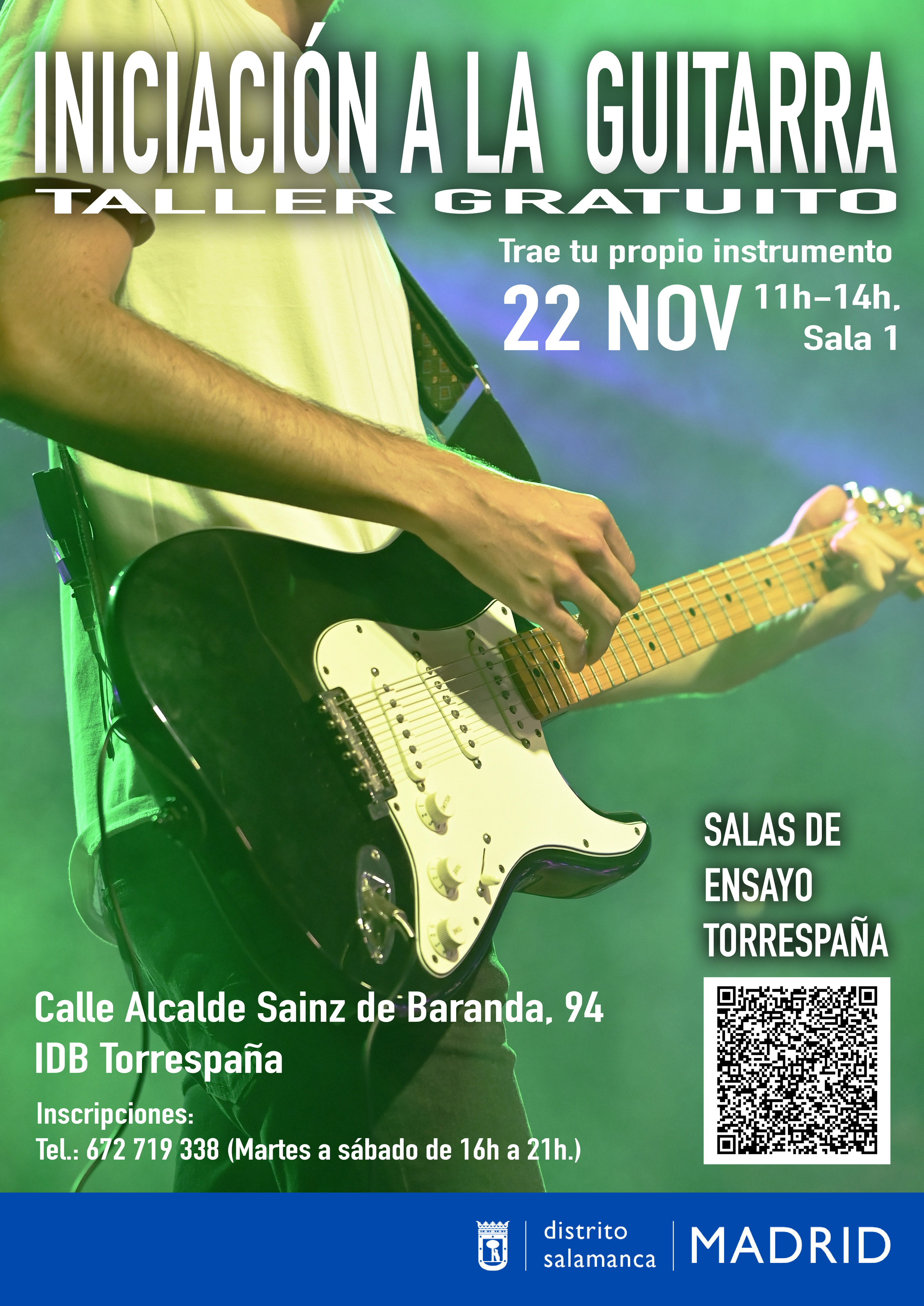 Cartel de taller de iniciación a la guitarra donde aparece la información del evento junto a una foto de un artista tocando una guitarra eléctrica en blanco y negro