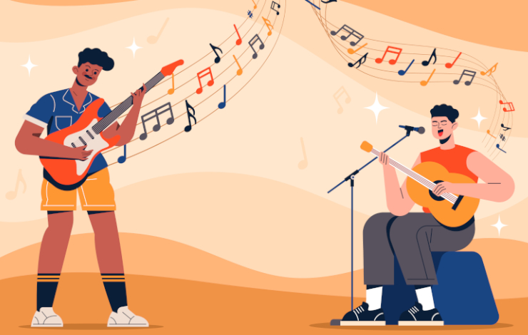 Ilustración vectorizada de dos músicos tocando guitarra eléctrica y acústica con un fondo de notas musicales y color naranja