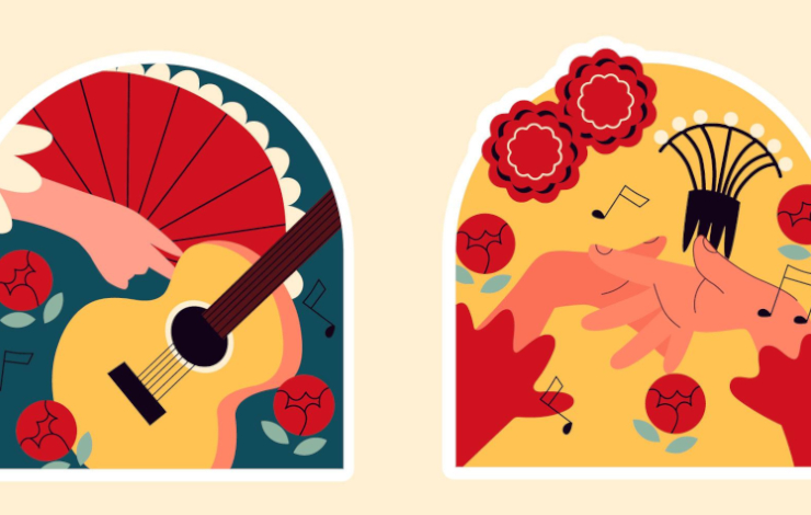 Ilustración de elementos flamencos donde se ve una guitarra española, una mano con abanico, notas musicales y manos bailando