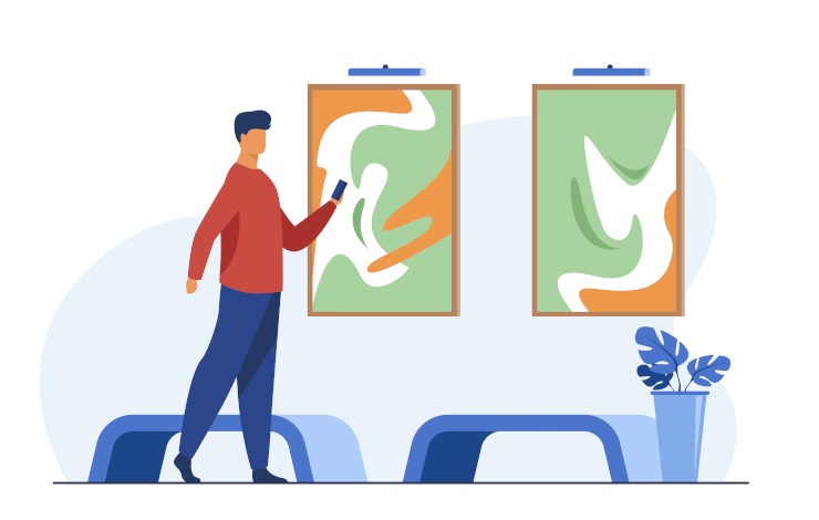 Ilustración vectorizada donde aparece un chico haciendo foto a un cuadro de una exposición