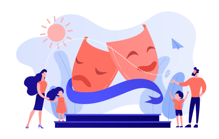 Ilustración vectorizada de elementos teatrales donde aparecen máscaras gigantes, una mujer, un hombre junto a dos niños observándolas desde debajo del escenario