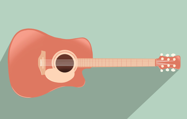 Ilustración vectorizada de una guitarra acústica en posición horizontal con un fondo verde