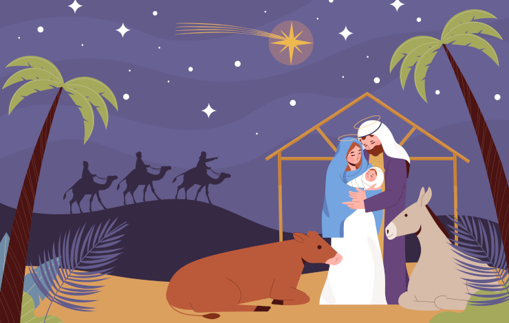 Ilustración vectorizada de un belén con Jesús, María, José, la mula, el buey y los Reyes Magos de fondo llegando siguiendo a la estrella